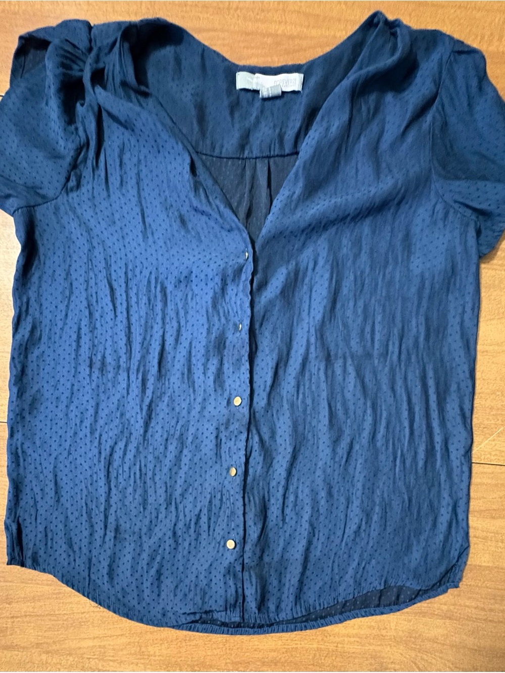 Forever 21 Navy Textured Button-Front Short Sleeve Blouse